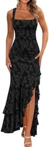 BORIFLORS Women's Elegant Ruched Floral Maxi Dress Mesh Mermaid Ruffle Wedding Guest Cocktail Long Formal Dresses, X-Large, Black