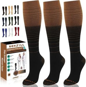 NEWZILL 3 Pairs Copper Compression Socks for Women & Men 15-20mmHg Cotton Rich Odor Control Dress Socks for Business Casual Running Medical Athletic Support, Edema Diabetic Relief Copper Stripes XXL