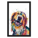 Ritwika's Artwork Of Pet Love Animal Colorful Dog In White Background - Original Artwork Poster Framed Painting | Perfect For Home Decor and Gift | With Glass, Size 13.5 x 19.5 Inch, Set of 1