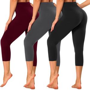 GAYHAY 3 Pack Capri Leggings for Women - Stretch Tummy Control Yoga Pants for Cycling Workout, 1#black/Dark Grey/Wine Red（18 Inch）, Large-X-Large