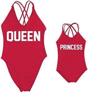 Mommy and Me Matching Family Swimsuit QUEEN & PRINCESS One Piece Mother Daughter Girls Swimwear Cross Back Bathing suits Red