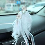 Mini Dream Catcher Car Interior Rearview Mirror Hanging Decor,Feather Dream Catcher Boho Hanging Ornaments,Crystal Charm Pendant Accessories,Gift for Girl (White)