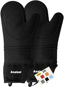 Anaeat Extra Long Silicone Oven Mitts Set of 2, Flexible Heat Resistant Pot Holders with Quilted Liner, Textured & Non Slip Oven Gloves Waterproof for BBQ, Kitchen Baking & Cooking (Black)