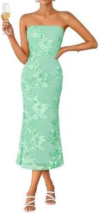 ZESICA Women's Summer Strapless Floral Midi Dress 2026 Bodycon Mesh Tube Wedding Guest Cocktail Party Formal Dresses Mint X-Small
