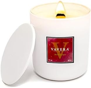 VAVERA Macintosh Apple Long Burning Wooden Wick Natural Soy Luxury Candles (11oz/65 hr/Matte White Jar). Smells Like Fresh Apple. The Premier Soy Candles Hand-Crafted in The USA.