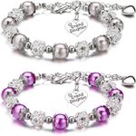 2 Pieces Granddaughter Bracelets Charm Heart Pendant Rhinestone Crystal Balls Faux Pearls Jewelry Gift (White, Purple)