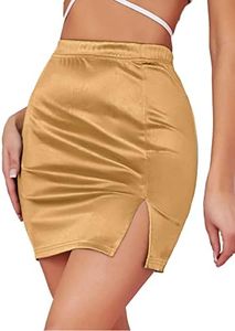 LYANER Women's Satin Silky Elastic Wasit Split Slit Hem Bodycon Short Skirt, Gold, Small