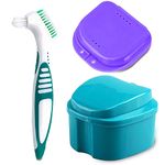 Denture Bath Case Cup with Denture Cleaner Brush & Retainer Holder Box, Complete Clean Care for Dentures, Clear Braces, Mouth Guard, Night Guard & Retainers,Traveling