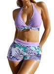 BLENCOT Women's Bikini Sets Halter Top Floral Swim Boyshorts 2 Pieces Swimsuit Bathing Suit Push Up Padded Plus Size Swimwear Sports Swimming Costume