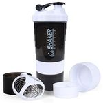 XSUPER Protein Shaker Bottle, 16oz Leak Proof Sports Shaker Water Bottle for Protein Mixes, Non Slip Shaker Cup with 2 Twist On Cups on Each Bottom for Powder & Capsule Organizer (White)