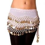 3 Rows Belly Dancing Dance Hip Scarf Skirt Belt with 128 Coins red Belly Dance wrap Hip Scarf Belt with Gold Coins (White)