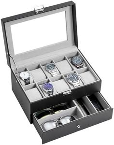 ProCase 10 Slots Watch Box Case for Men, Mens Jewelry Organizer Watch Holder Display Case with Drawer, PU Leather Watch Storage Boxes with Glass Lid and Pillow -Black