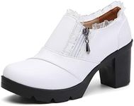 DADAWEN Women's Casual Zipper Lace Platform Mid-Heel Square Toe Oxfords Dress Shoes White US Size 7