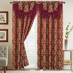 Elegant Comfort Jacquard Look Curtain Panel Set with Attached Waterfall Valance, (Set of 2), 54 x 84 Inches, Burgundy/Gold