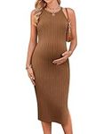 Ekouaer Maternity Dress Rib Knit Side Slit Stretchy Bodycon Halter Neck Sleeveless Pregnancy Dress