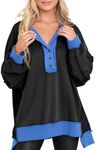 AlvaQ Sweatshirts for Women Trendy 2024 Fall Winter Casual Long Sleeve Button Collar Henley Colorblock Oversized Sweatshirt Outfits Black Blue Medium