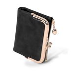 Jiusely Women Leather Purses, Bifold Ladies Wallet with RFID Protection, Compact Wallet Purse with Zipper Kiss Lock (Black)