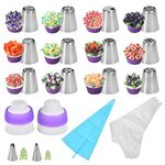 TIMESETL 27pcs Russian Piping Tips, Stainless Steel Flower Piping Tips, Cake Decorating Supplies - 12 Icing Piping Nozzles 2 Couplers 2 Leaf Tips 1 TPU Bag 10 Pastry Baking Bags for Cake Cupcake DIY Baking