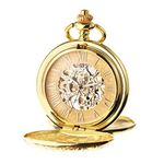 TREEWETO Men's Mechanical Roman Numerals Dial Skeleton Pocket Watches with Gift Box and Chains for Mens Women Gold