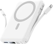 Yiisonger Magnetic Wireless Power Bank 10000mAh, Mag-safe Battery Pack, Portable Charger with Built in Cables Fast Charging LED Display Compatible with MagSafe for iPhone16/15/14/13/12 Series (White)