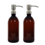 AVALON Brown Amber Plastic Bottles - Brushed Steel Metal Pump 500ml - Pack of 2 - Refillable Plastic Soap Dispenser Bottle for Bathroom/Kitchen - Hand Wash, Body Lotion, Shampoo, Shower Gel.