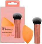 Real Techniques Mini Travel Duo, Makeup Brush Set For Traveling, Mini Foundation Brush & Makeup Blender Sponge For Blending On-The-Go, Achieve A Complete Base, Latex & Cruelty-Free, 2 Piece Set