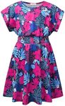 Perfashion Girls Summer Dresses Printed Casual Loose Sundress Smocked Waist Roll-Sleeve, Tropical Plants Navy Blue K39, 10-11 Years