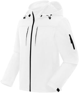 CREATMO US Men's Softshell Military Jacket With Removable Hood, Fleece Lined and Water Repellent Outdoor Reflective Coat, White, Small