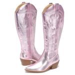 AMOJI Women Western Cowboy Boots Knee High Pointed Toe Cowgirl Boots With Zipper FZ307 Pink Size 10