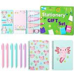 Xqumoi Axolotl Sticky Note A5 Notebooks Pens Stationary Set - Axolotl Self-Stick Notes Pads 2 Pack Spiral Notebooks Black Gel Ballpoint Pens School Office Supplies Teacher Appreciation Gift with Box