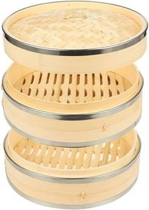 Juvale 2-Tier 10 Inch Bamboo Steamer Basket with Steel Rings - Large Capacity Dumpling, Vegetable Steamer Basket (10x6.5x10 in)