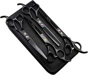 Purple Dragon Professional 7.0 inch 4PCS Pet Grooming Scissors Kit Japan Premium Steel Straight, Curved & Thinning Blade Dog Hair Cutting Shears Set with Case(Matte Black)