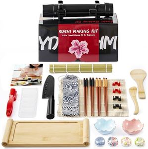 YDGFUHM Deluxe Sushi Making Kit 25-in-1 Bazooka Roller Set, Bamboo Mat,Knife,Sauce Tray,Japanese Sashimi Sushi Bamboo Serving Geta Plate,and More - Perfect for Beginners