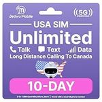 USA SIM Card, Unlimited Call/Text/Data, Uses T-Mobile, Easy to Use, Quick Activation, Reloadable, Unlimited Calling to Canada, Jethro Mobile Prepaid US SIM Card for Canadian Traveler (10 Days)