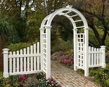 Vita New England Nantucket Deluxe 59 ¾" W x 94" H White Vinyl Arbor with 50" W x 39" H Cottage Picket Wings, Garden Arch Arbor, Wedding Arches for Ceremony, Garden Fence with Gate for Backyard