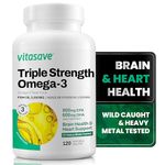 Vitasave Omega-3 Fish Oil Supplement - 3000mg Fish Oil, 900mg EPA, 600mg DHA - Burpless Formula for Heart, Brain & Immune Support for Men & Women - High Potency, 120 Softgels.