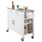 SoBuy FKW108-W, Kitchen Storage Trolley Cart with Stainless Steel Worktop, Kitchen Island Kitchen Cabinet Cupboard Sideboard on Wheels