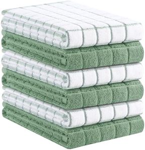Kitinjoy Premium Kitchen Towels (16"x 28", 6 Pack), Large 100% Cotton Terry 390 GSM Kitchen Hand Towels, Ultra Absorbent Check Design Tea Towels Set with Hanging Loop, Grass Green