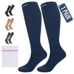 360 RELIEF 1 Pair Flight Compression Socks for Women & Men, Supports Blood Circulation, Travel, Edema, Diabetic, Varicose Veins, Pregnancy, Nurses, S/M, Blue + Laundry Bag