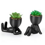 Dremisland 2PCS Fake Plants Indoors in Black Human Shaped Ceramic Pots Artificial Succulents Potted Plant Mini Faux Succulents Decor for Home Office Table Desk Living Room Shelves