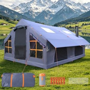 Large Inflatable Tents for Camping,Big Blow Up Tent with Stove Jack,13x10x6 Ft 4 Season Inflatable Camping Tent, Waterproof Air Camping Hot Tent for 4/6/8/10/12 Adults,Grey