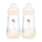 MAM Easy Start Self Sterilising Anti-Colic Baby Bottle Pack of 2 (2 x 260 ml), MAM Bottles with Medium Flow MAM Teats Size 2, Newborn Essentials, Shell (Designs May Vary)