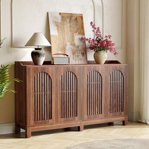 LITTLE TREE 57-Inch Sideboard Cabinet with Adjustable Shelf, Vintage Brown Wooden Buffet with Fence Doors, 2-Tier Large Accent Table for Living Room, Kitchen, Bedroom