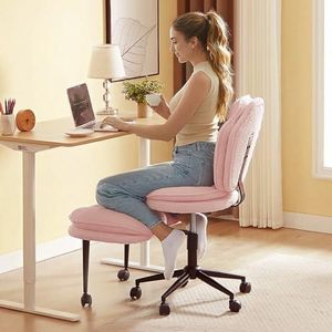 Pinmoco Ergonomic Cross Legged Office Chair for ADHD, Kneeling Chair with 360° Swivel Wheels and Reversible Seating for Meditation, Adjustable Height and Seat Deapth, Teddy Fabric, Pink
