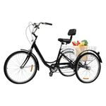 Fetcoi 24" Adult 3 Wheel Tricycle - Cruiser Cycling Trike with Basket 6 Speed,3-Wheel Adult Trike Bike,Cargo Trike Cruiser,White/Black Cycling Tricycle for Adults Outdoor Sports Shopping (Black)