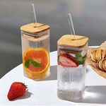 SQINELLI Glass Cups and Coffee Mug with Lids and Glass Straws, Glass Coffee Cups, Spill Proof Glass Coffee Tumbler Mug for Iced Tea Juice Milk Smoothie Mug (Square Wooden Lid Sipper Glass Set of 2)