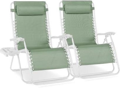 Best Choice Products Set of 2 Extra Wide Adjustable Steel Mesh Zero Gravity Lounge Chair Recliners w/Pillows and Cup Holder Trays - Sage Green/White