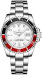 Mens Luxury Watches Rotatable Bezel Sapphire Glass Luminous Hand Quartz Silver Tone Stainless Steel Watch (White Red)