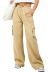 Aleumdr Womens Drawstring Cargo Pants 2024 Fall Trendy Casual Wide Leg Cotton Joggers Sweatpants Sports Lounge Pants with Pockets Flaxen Medium