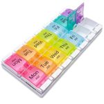 PILLBOX7 Pill Boxes 7 Day 2 Times a Day Monday to Sunday, AM PM, Easy to Open, Pill Organiser 2 Times a Day | 7 Day 2 Compartments Day and Night with Push Buttons, Weekly Pill Organiser - Large